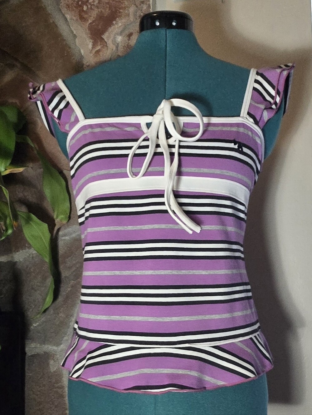 Vintage 1990s Striped Tie-Front Peplum Flutter Sleeve Top - Whimsical Coquette